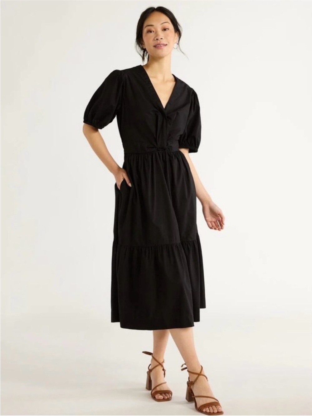 Free Assembly sz M Black Midi Dress with Puff Sleeves twist detail bodice cotton